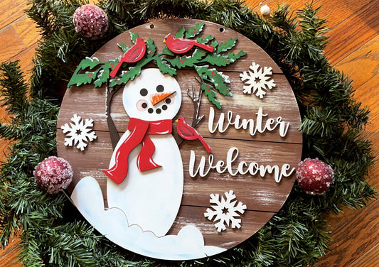 Snowman & Cardinal Winter Welcome Sign