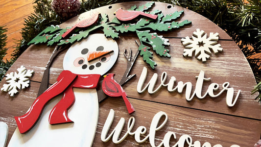 Snowman & Cardinal Winter Welcome Sign
